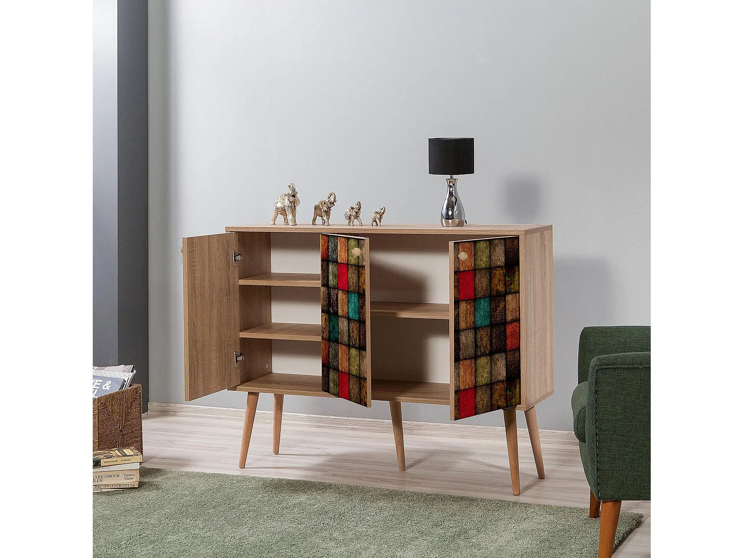 Buffet 3 portes Repono 120x90cm Motif Carreaux Bois Multicolore