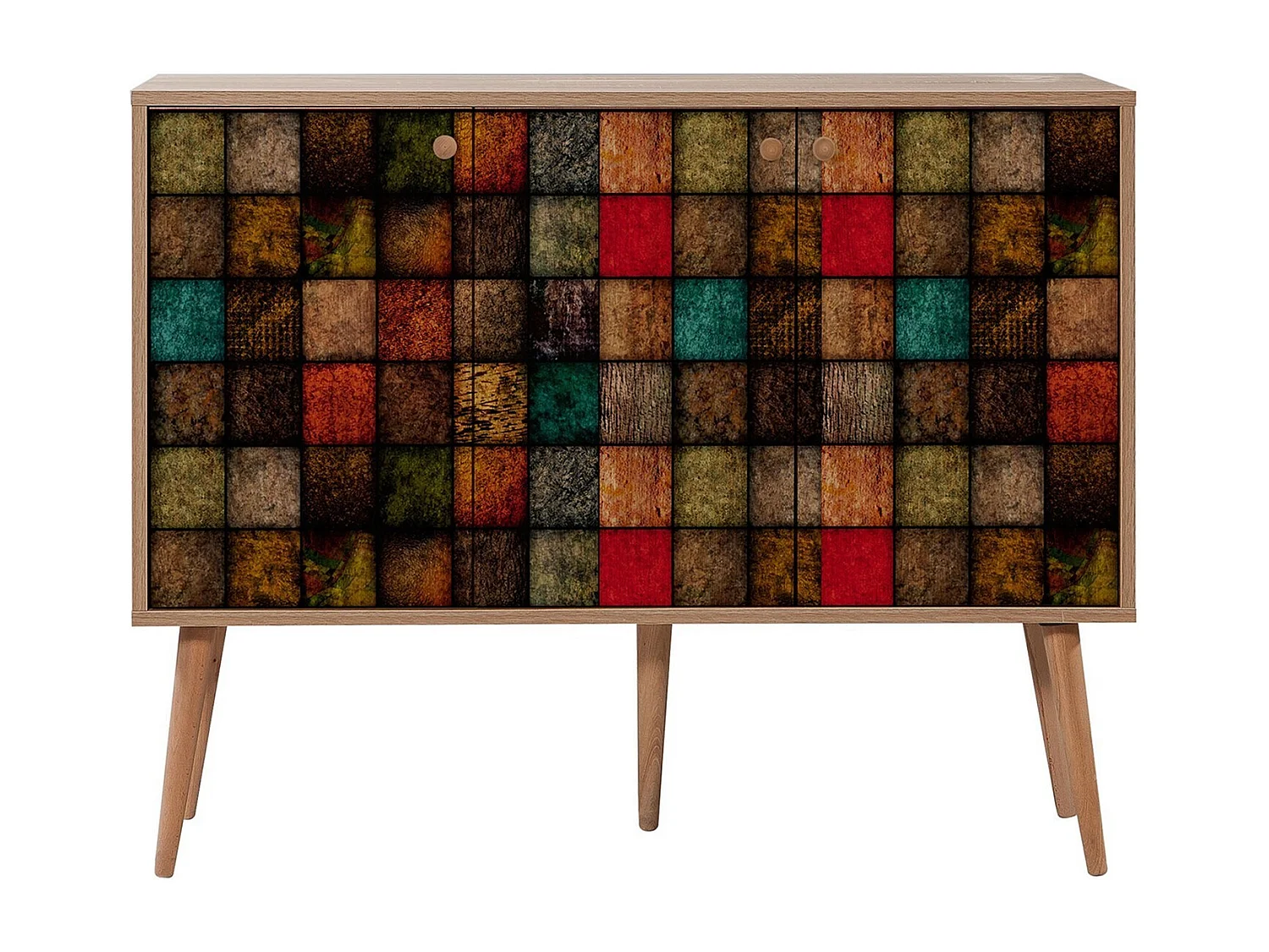Buffet 3 portes Repono 120x90cm Motif Carreaux Bois Multicolore