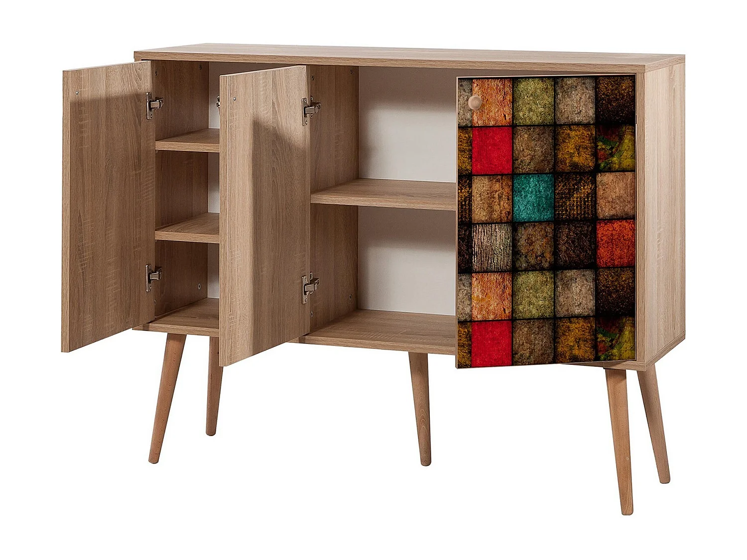 Buffet 3 portes Repono 120x90cm Motif Carreaux Bois Multicolore