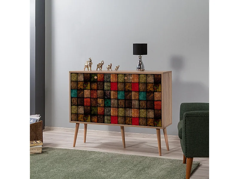 Buffet 3 portes Repono 120x90cm Motif Carreaux Bois Multicolore