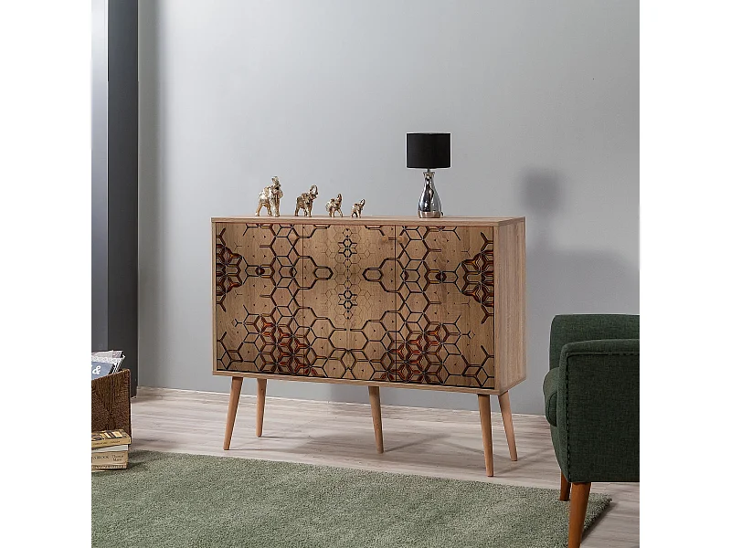 Buffet 3 portes Repono 120x90cm Motif Carreaux Bois Motif géométrique