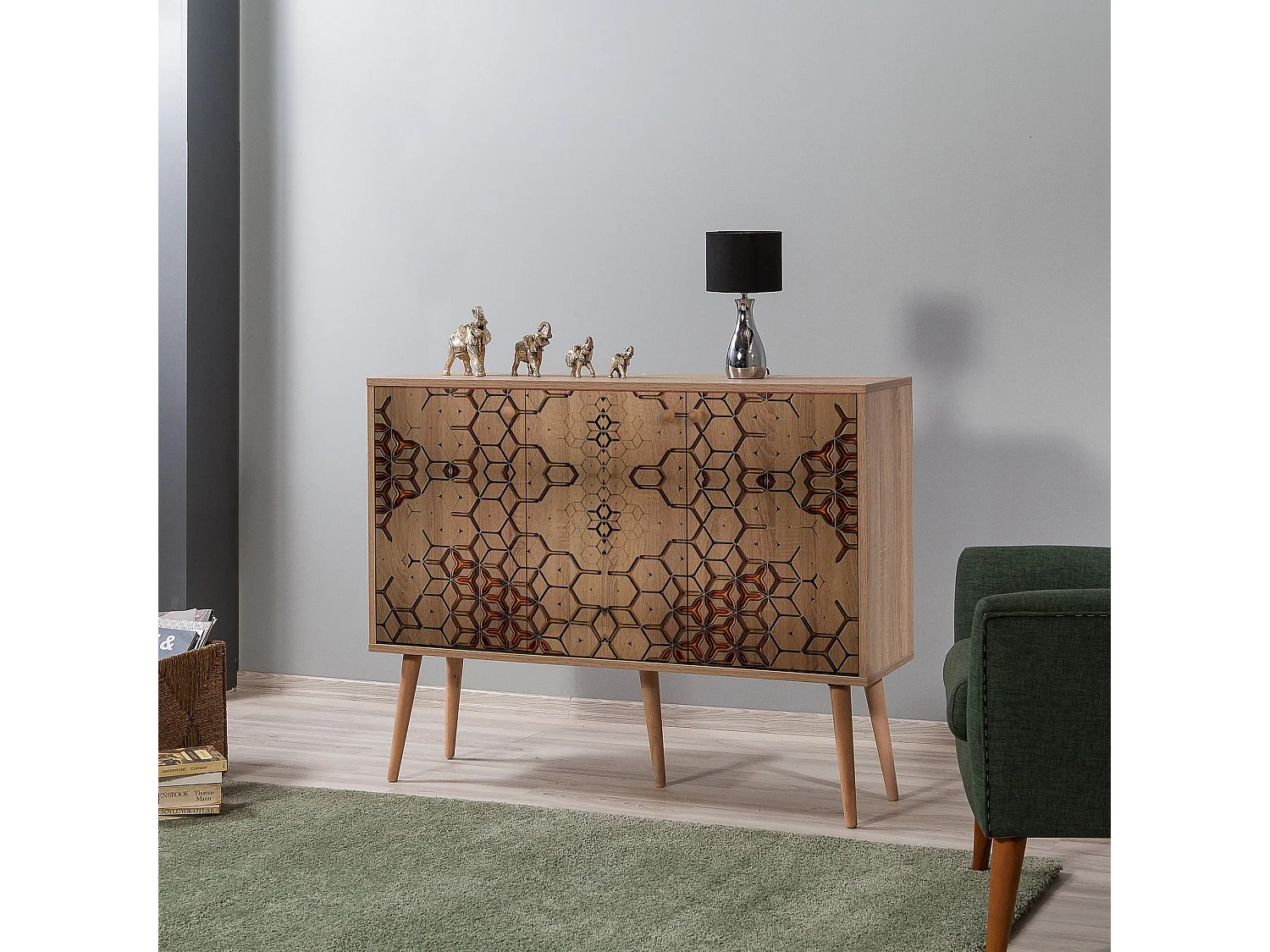 Buffet 3 portes Repono 120x90cm Motif Carreaux Bois Motif géométrique