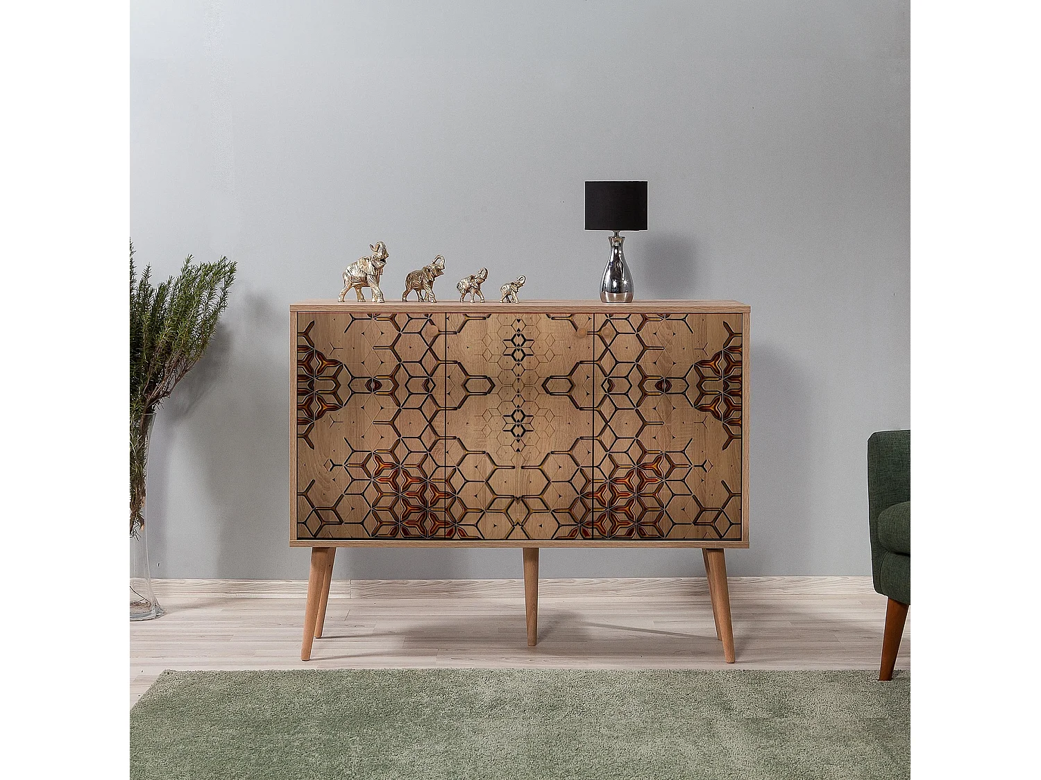 Buffet 3 portes Repono 120x90cm Motif Carreaux Bois Motif géométrique