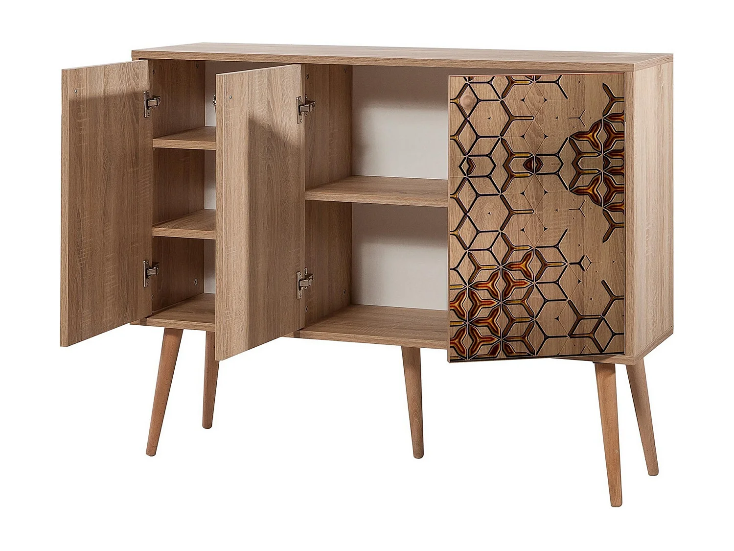 Buffet 3 portes Repono 120x90cm Motif Carreaux Bois Motif géométrique