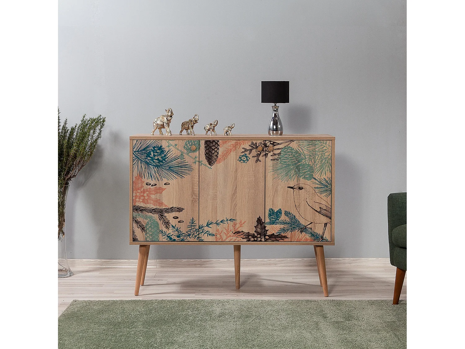 Buffet 3 portes Soho 120x90cm Motif Oiseau et fleurs Bois Naturel et Marron