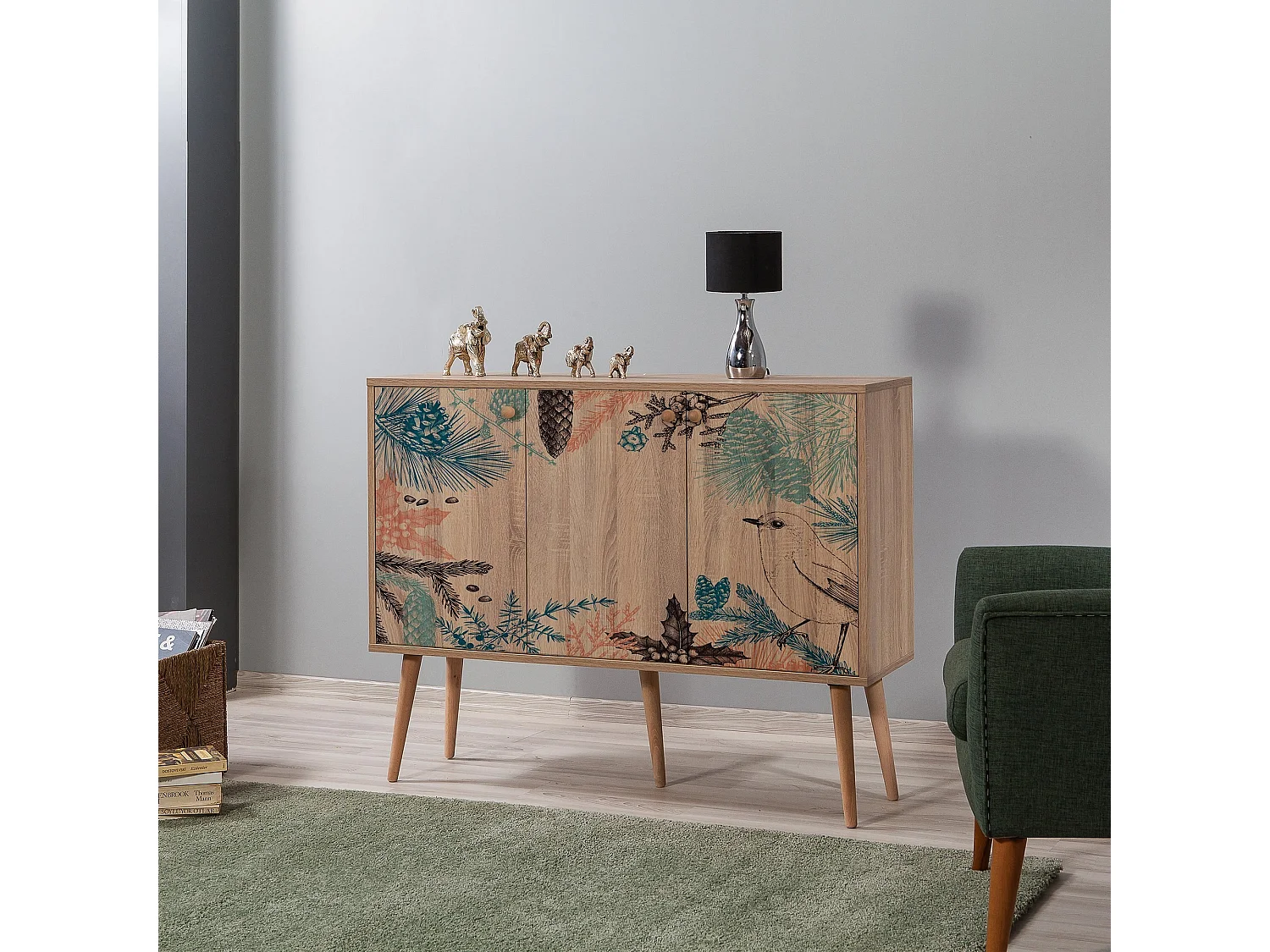 Buffet 3 portes Soho 120x90cm Motif Oiseau et fleurs Bois Naturel et Marron