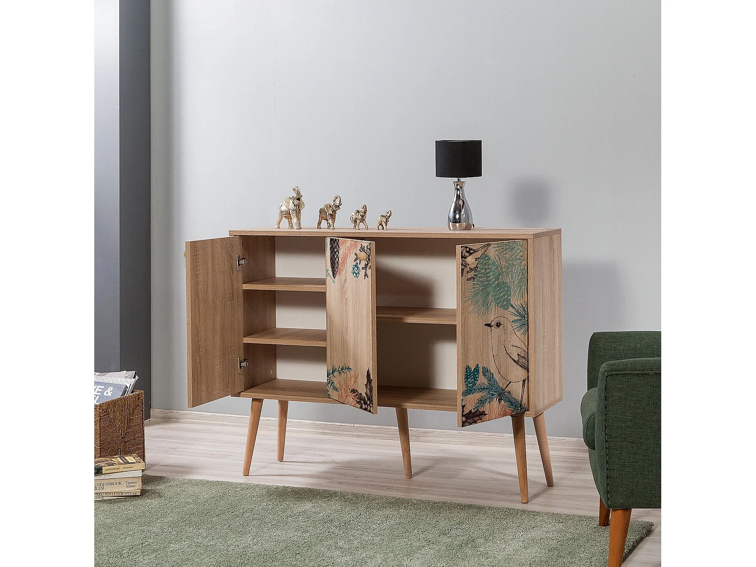 Buffet 3 portes Soho 120x90cm Motif Oiseau et fleurs Bois Naturel et Marron