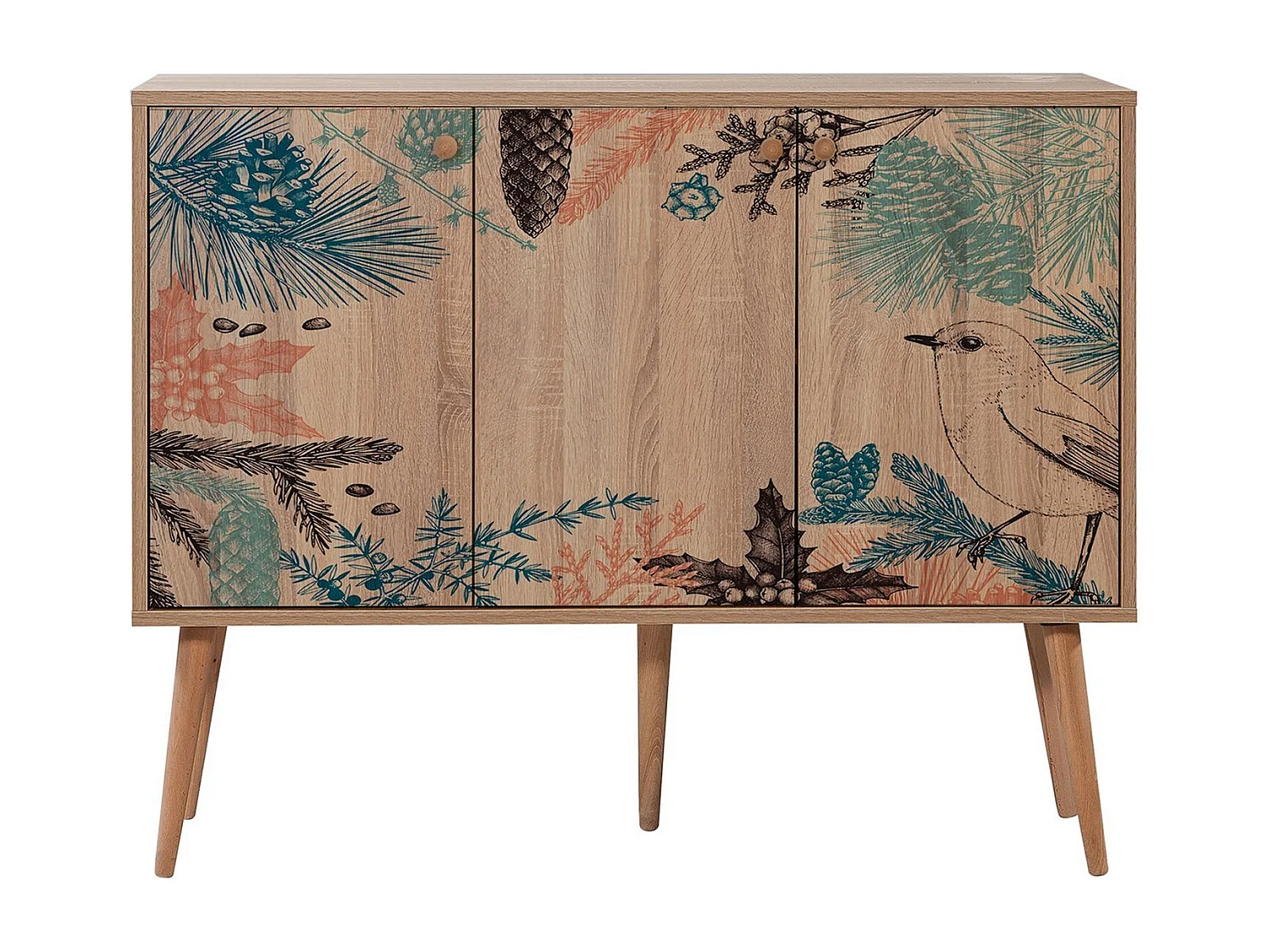 Buffet 3 portes Soho 120x90cm Motif Oiseau et fleurs Bois Naturel et Marron