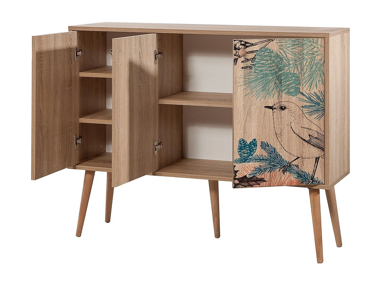 Buffet 3 portes Soho 120x90cm Motif Oiseau et fleurs Bois Naturel et Marron