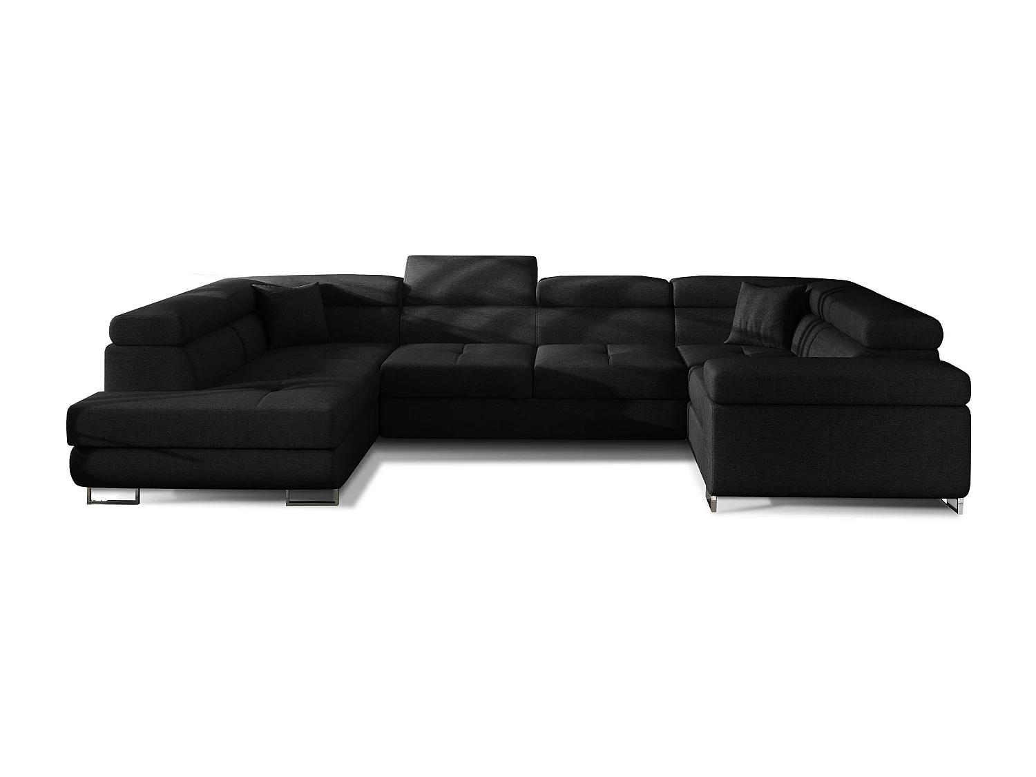Canapé convertible U gauche tissu noir avec coffre de rangement Tovy 340cm