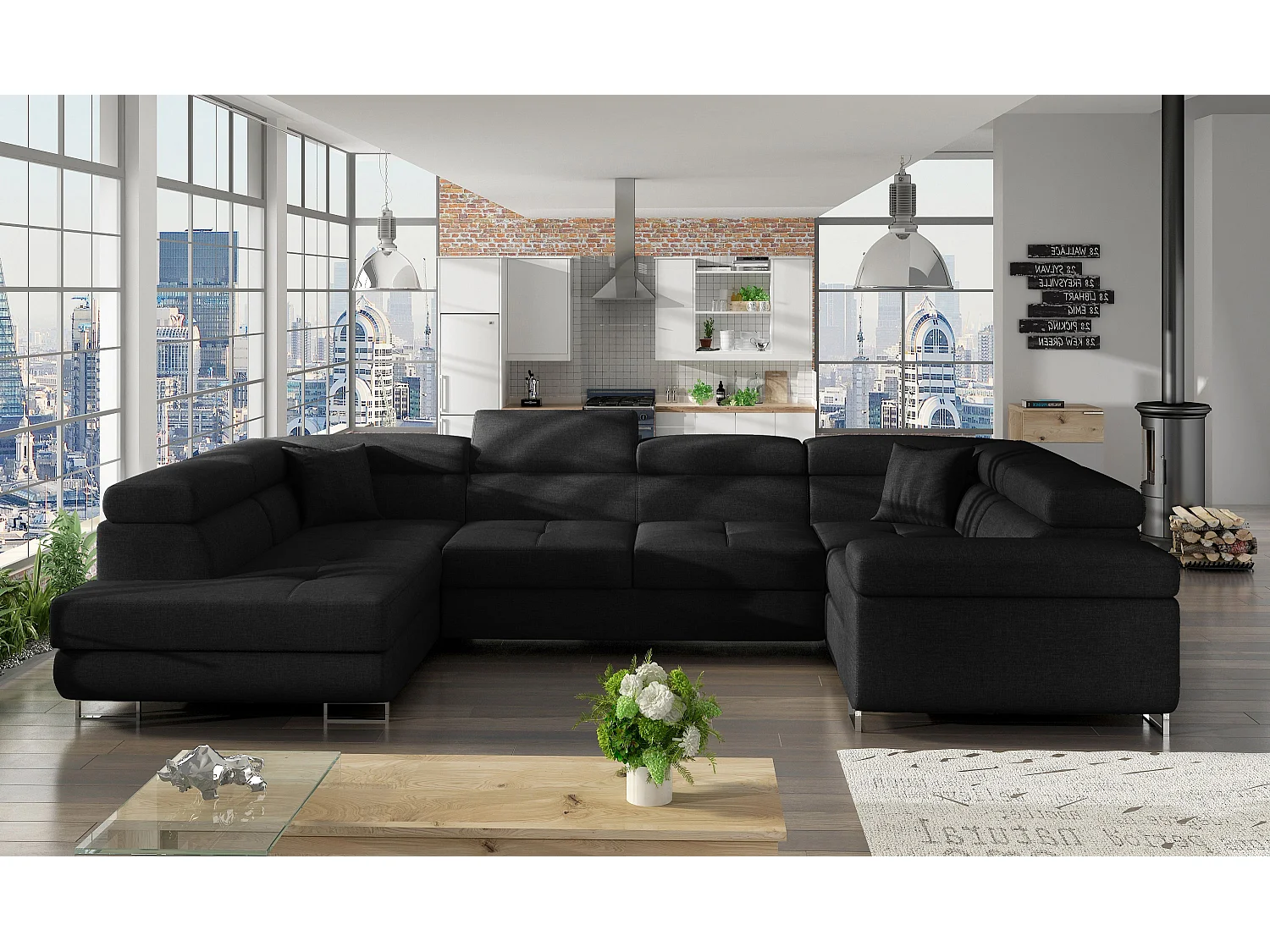 Canapé convertible U gauche tissu noir avec coffre de rangement Tovy 340cm