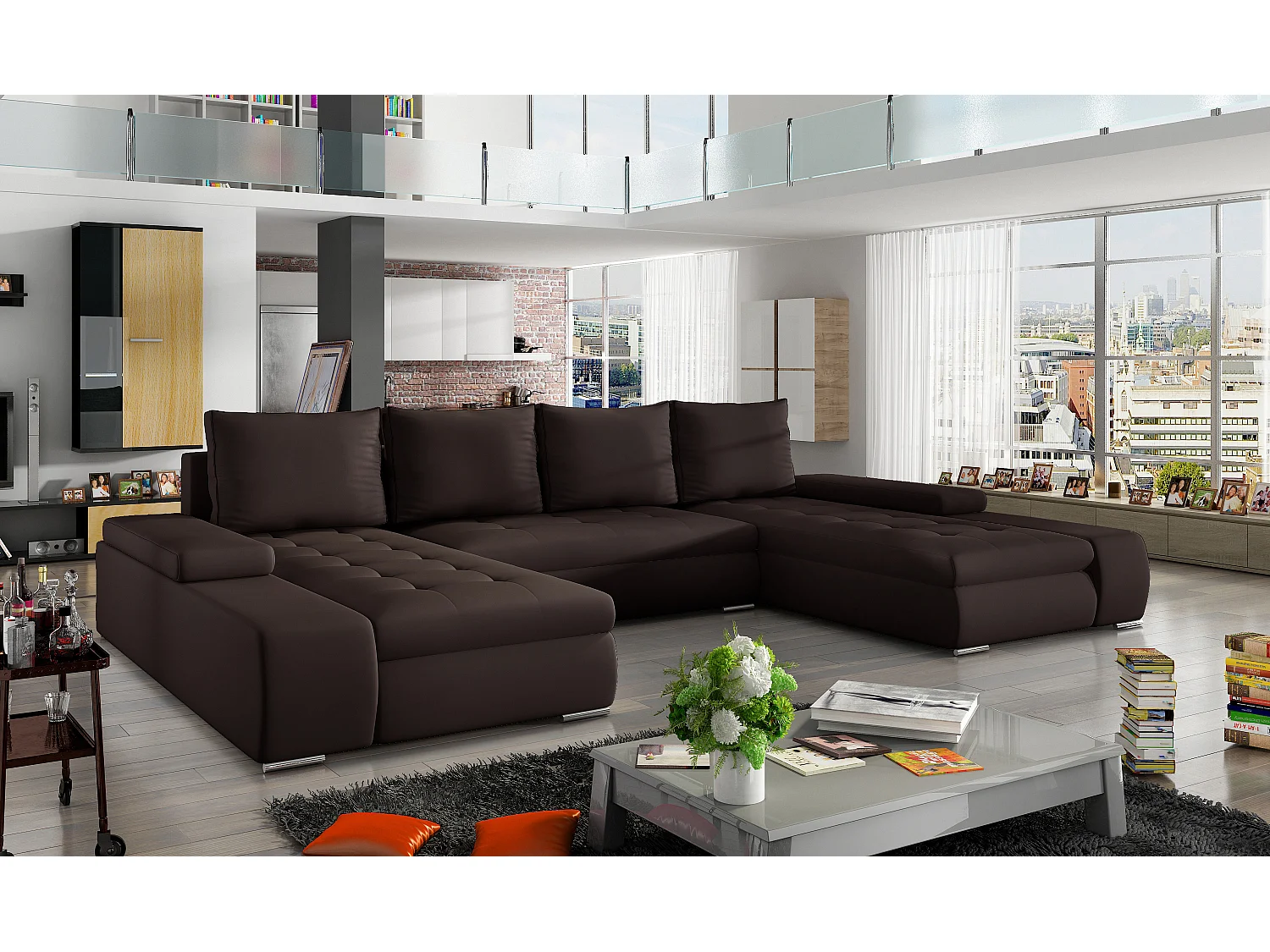 Grand canapé convertible panoramique design simili cuir marron avec coffre de rangement Tino 363cm