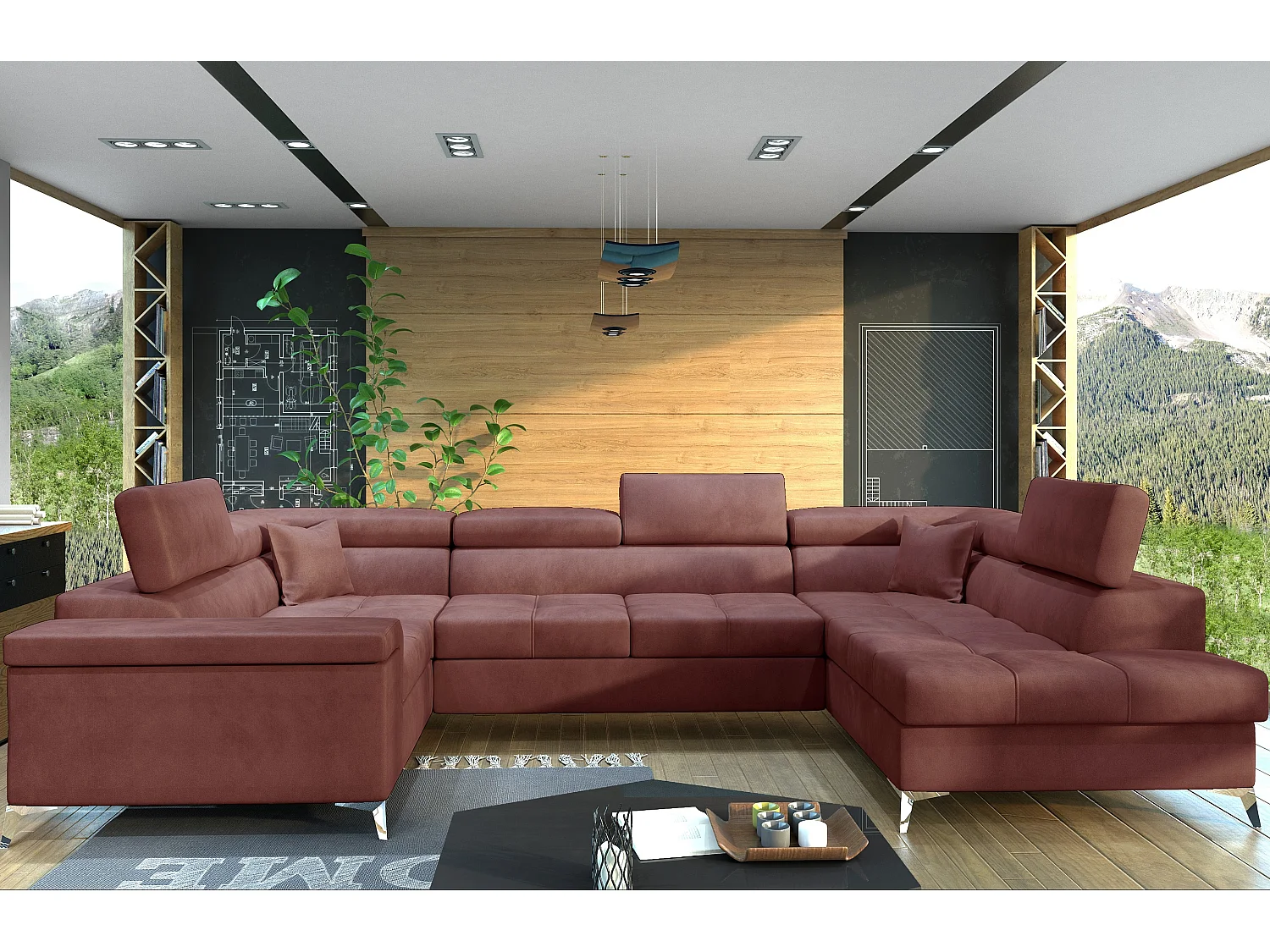 Canapé panoramique convertible velours rose cuivré avec coffre de rangement Triano 342cm-Coffre de rangement à droite