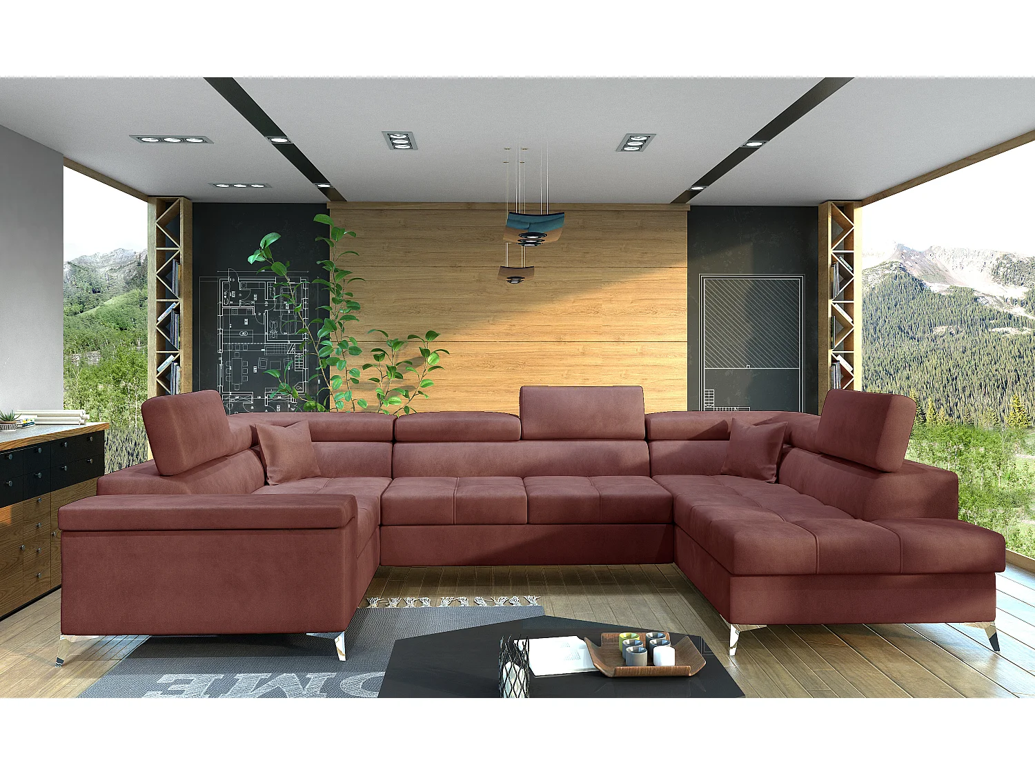 Canapé panoramique convertible TRIANO velours - têtières réglables-Rose cuivré-Coffre à droite