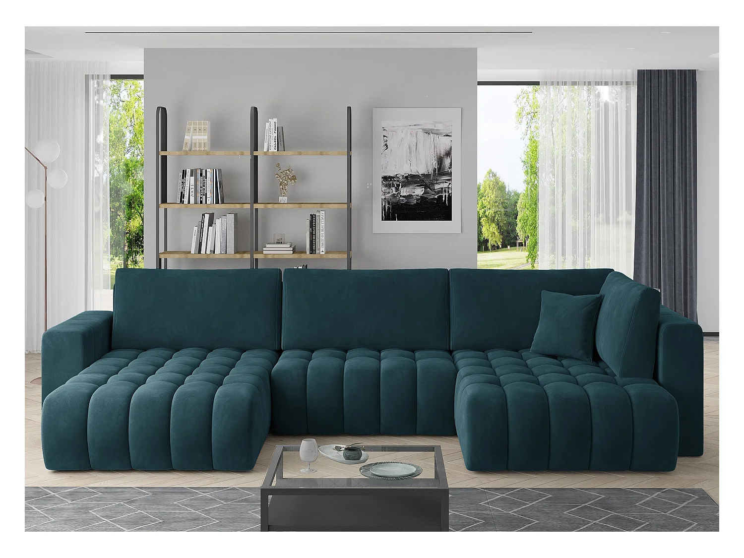 Canapé panoramique convertible design capitonné velours bleu canard méridienne gauche Boston 350cm