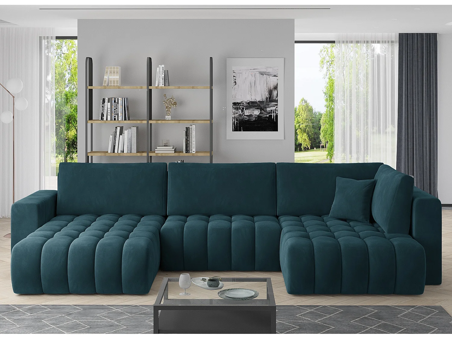 Panoramische converteerbare designbank gewatteerd eend blauw fluweel links chaise longue Boston 350 cm