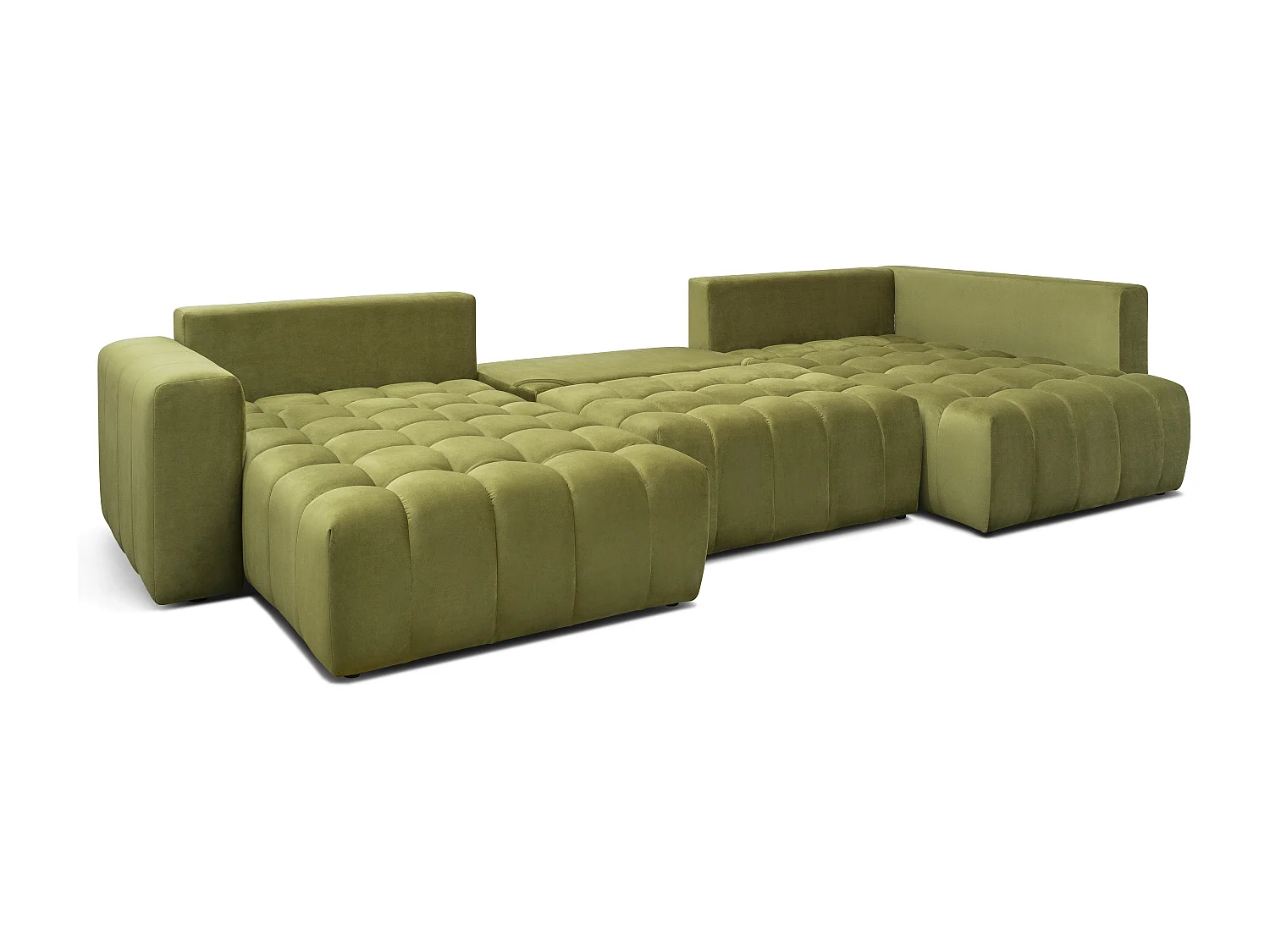 Panoramische converteerbare designbank gewatteerd eend blauw fluweel links chaise longue Boston 350 cm