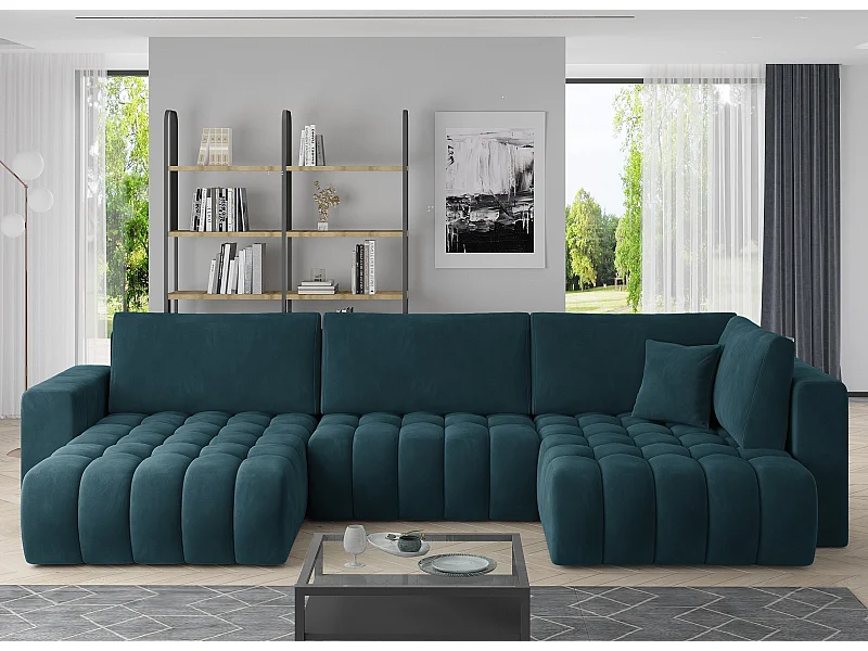 Panoramische converteerbare designbank gewatteerd eend blauw fluweel links chaise longue Boston 350 cm