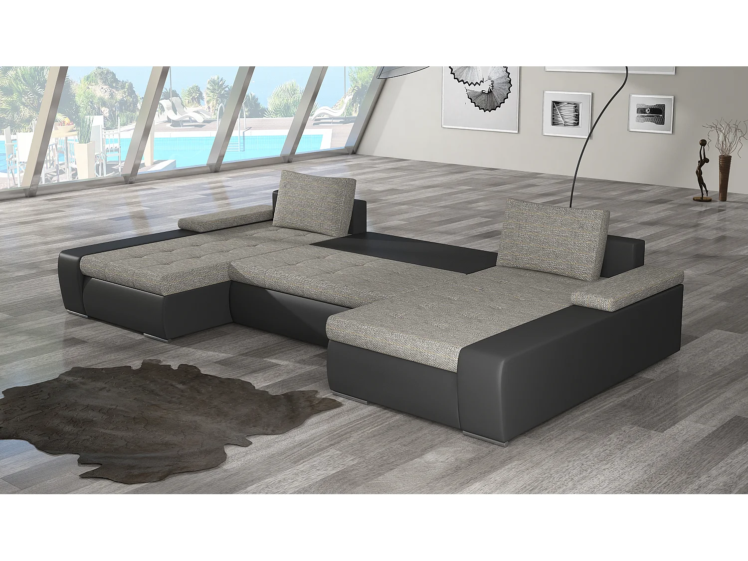 Grand canapé convertible panoramique design tissu beige chiné et simili cuir marron avec coffre de rangement Tino 363cm