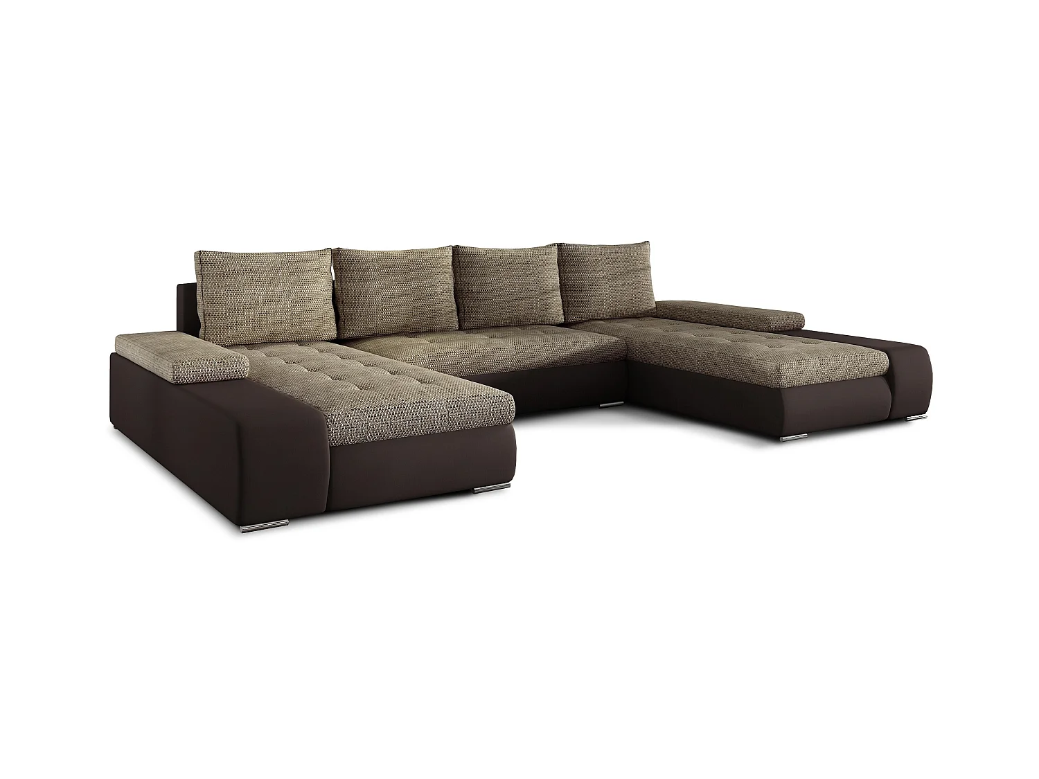 Grand canapé convertible panoramique design tissu beige chiné et simili cuir marron avec coffre de rangement Tino 363cm