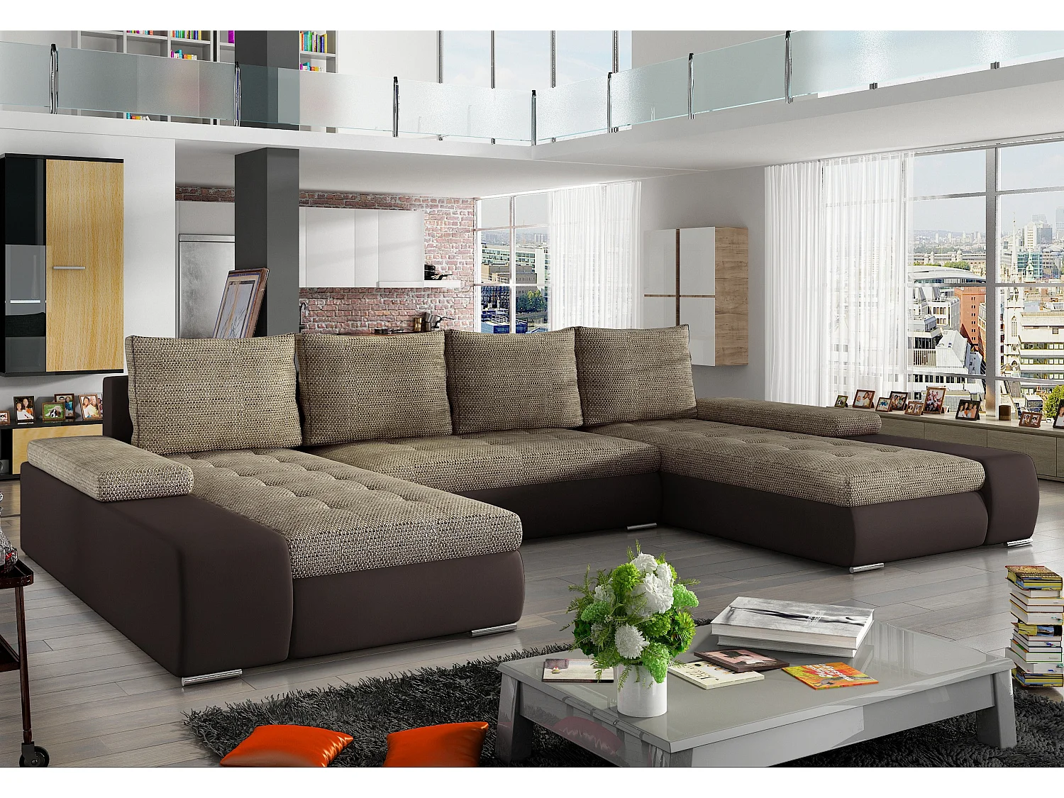 Grand canapé convertible panoramique design tissu beige chiné et simili cuir marron avec coffre de rangement Tino 363cm