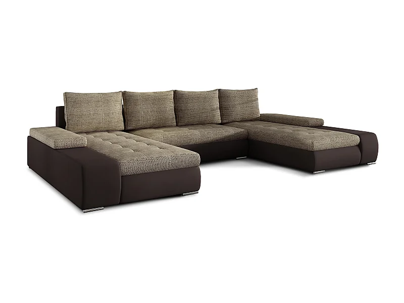 Grand canapé convertible panoramique design tissu beige chiné et simili cuir marron avec coffre de rangement Tino 363cm