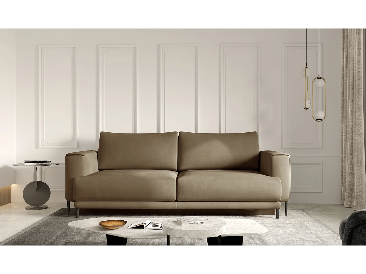 Canapé droit convertible 3 places velours DAVINA 246cm - Coffre & pieds métal noir-Marron clair