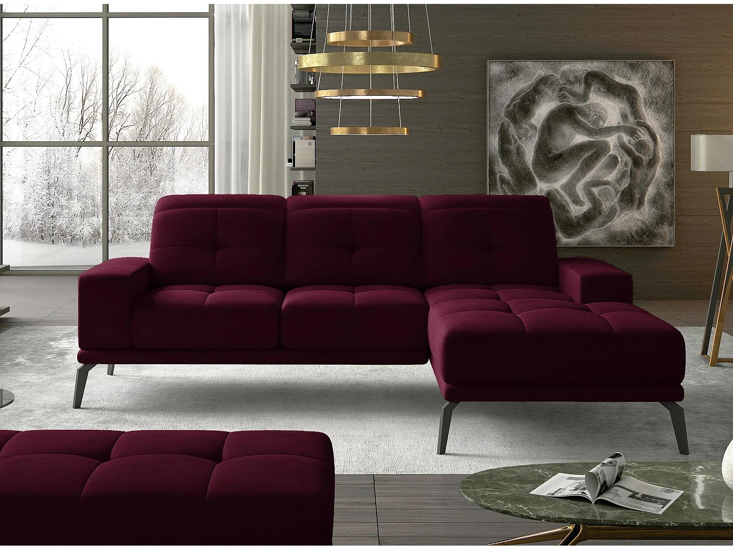 Torpille 5-zits bordeaux fluwelen hoekbank rechts 265 cm