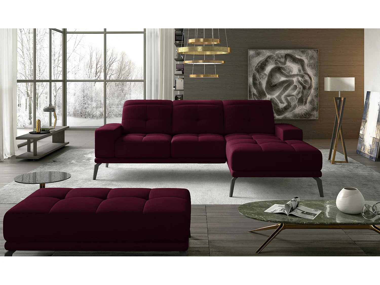 Torpille 5-zits bordeaux fluwelen hoekbank rechts 265 cm