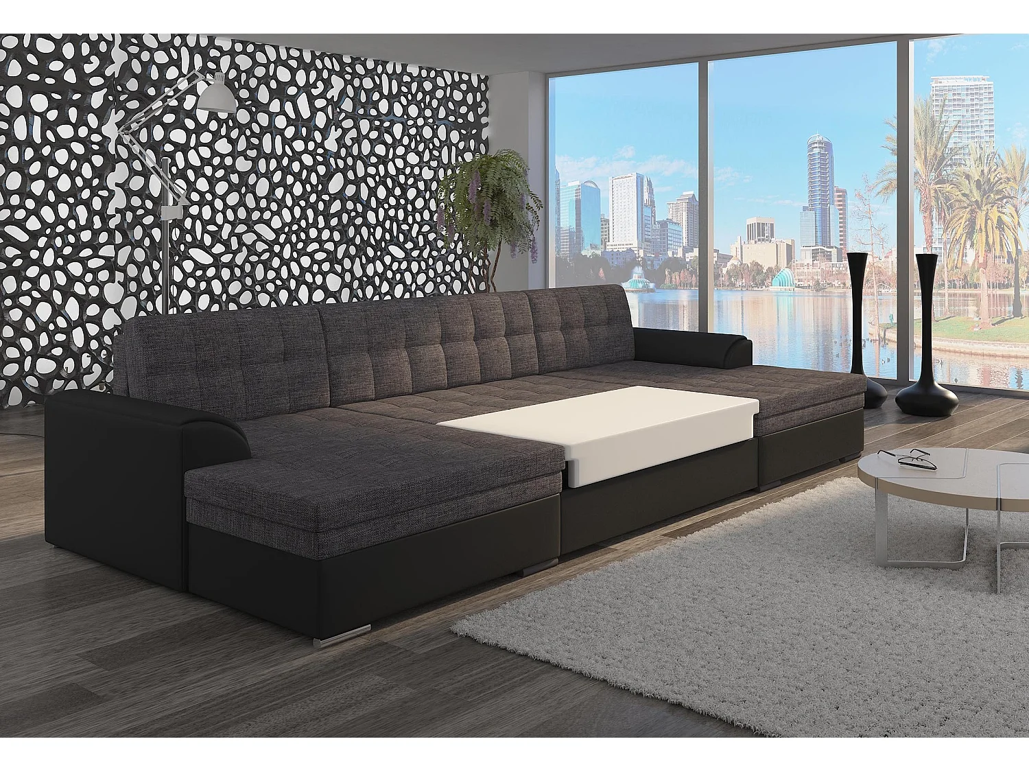 Canapé d'angle panoramique convertible tissu gris foncé et simili blanc Vira 355cm