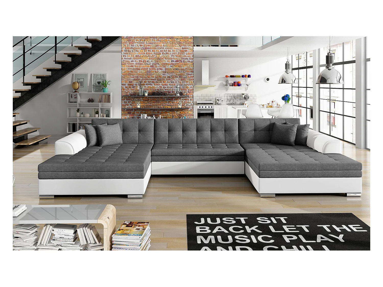 Canapé d'angle panoramique convertible tissu gris foncé et simili blanc Vira 355cm