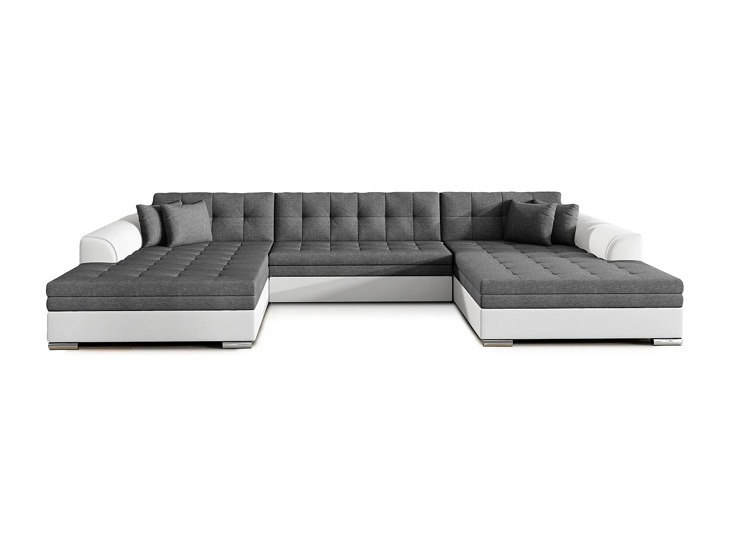 Canapé d'angle panoramique convertible tissu gris foncé et simili blanc Vira 355cm