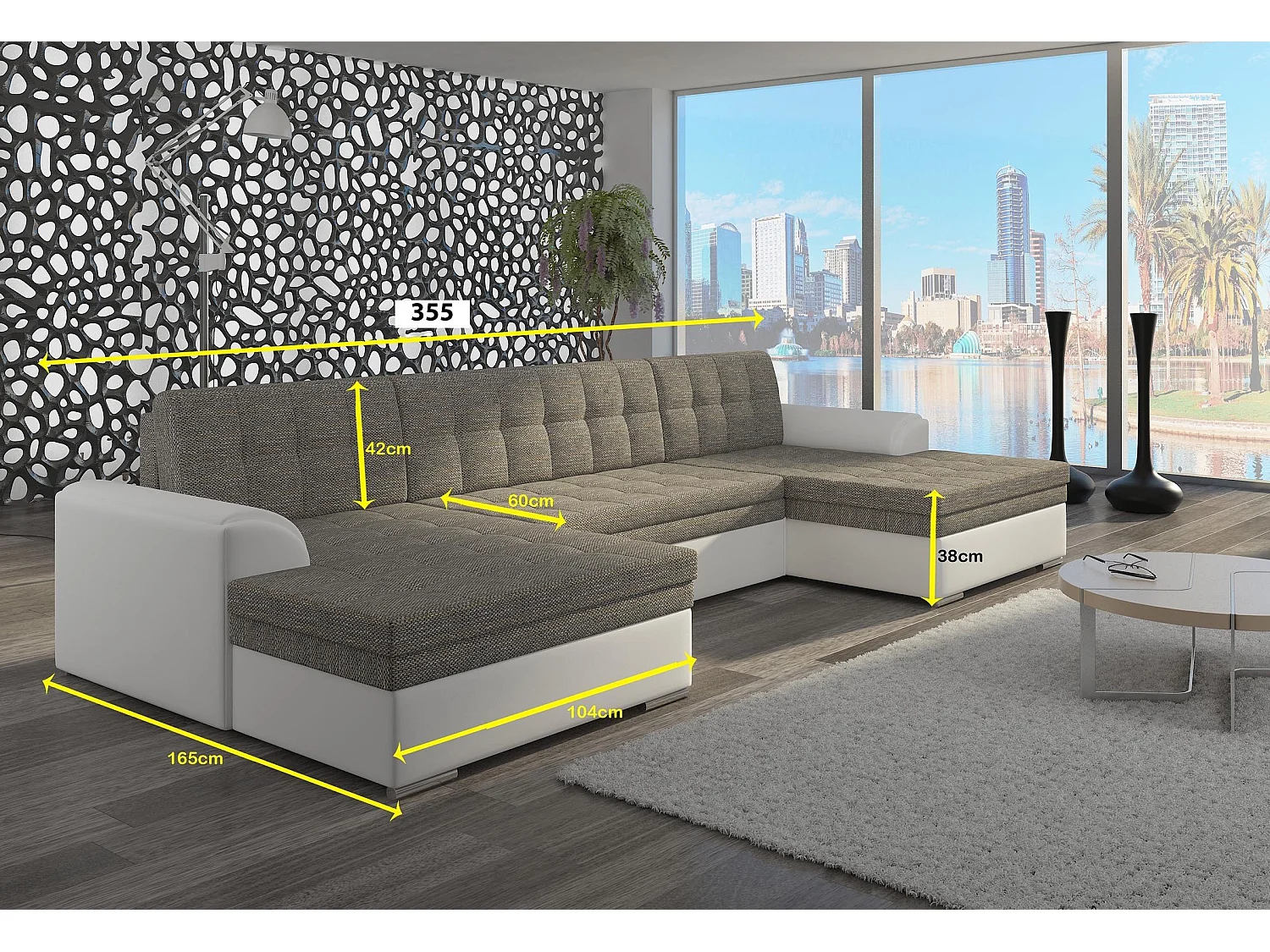 Canapé d'angle panoramique convertible tissu gris foncé et simili blanc Vira 355cm