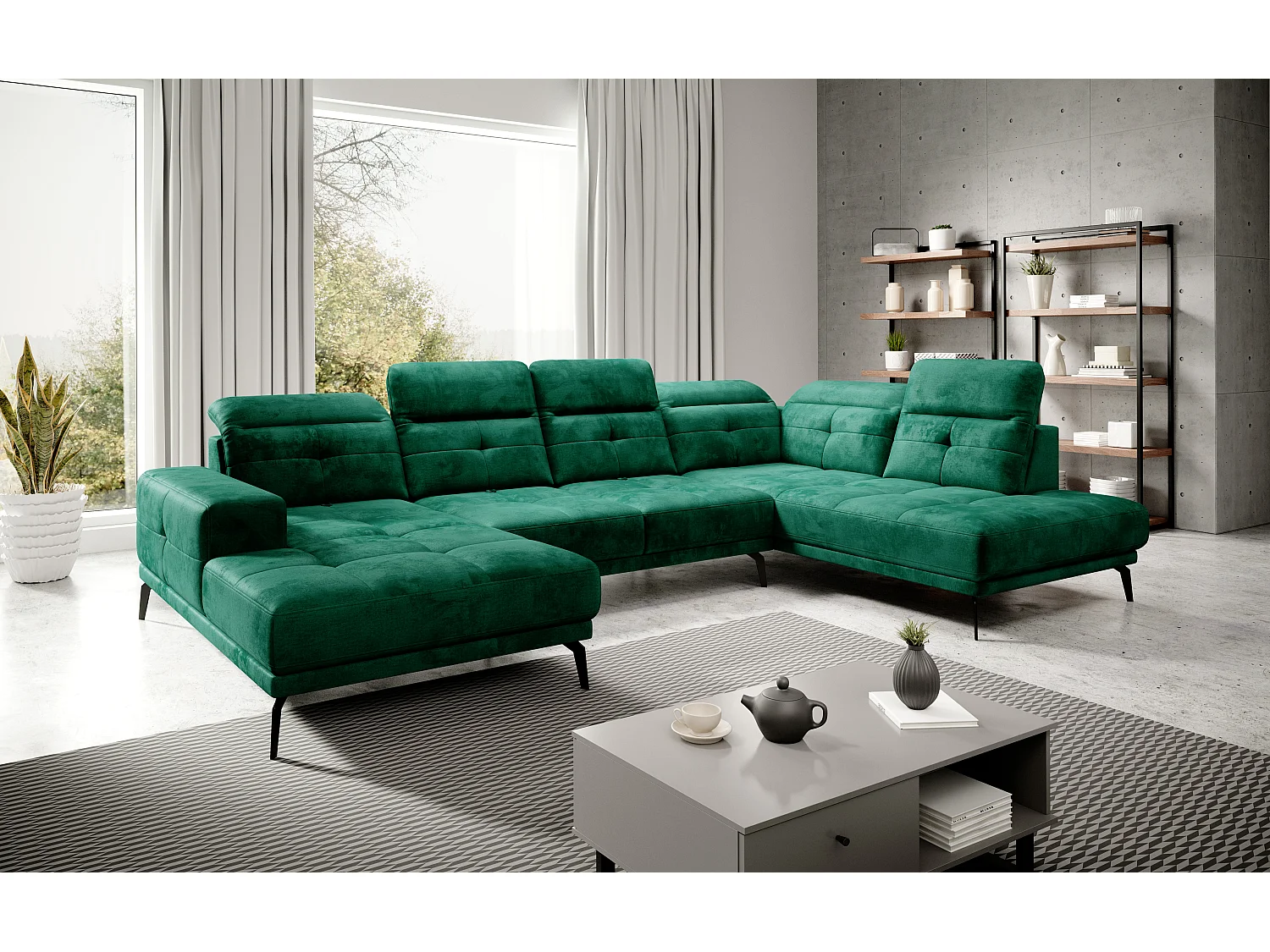 Canapé panoramique moderne tissu vert têtières angle droit Versus 350cm