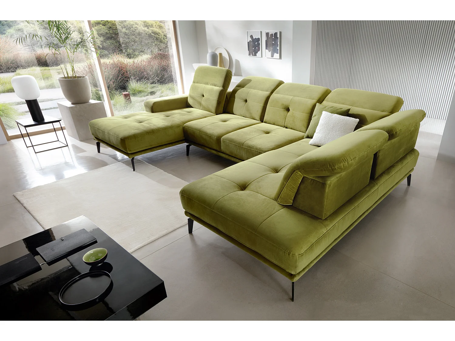 Canapé panoramique moderne tissu vert têtières angle droit Versus 350cm