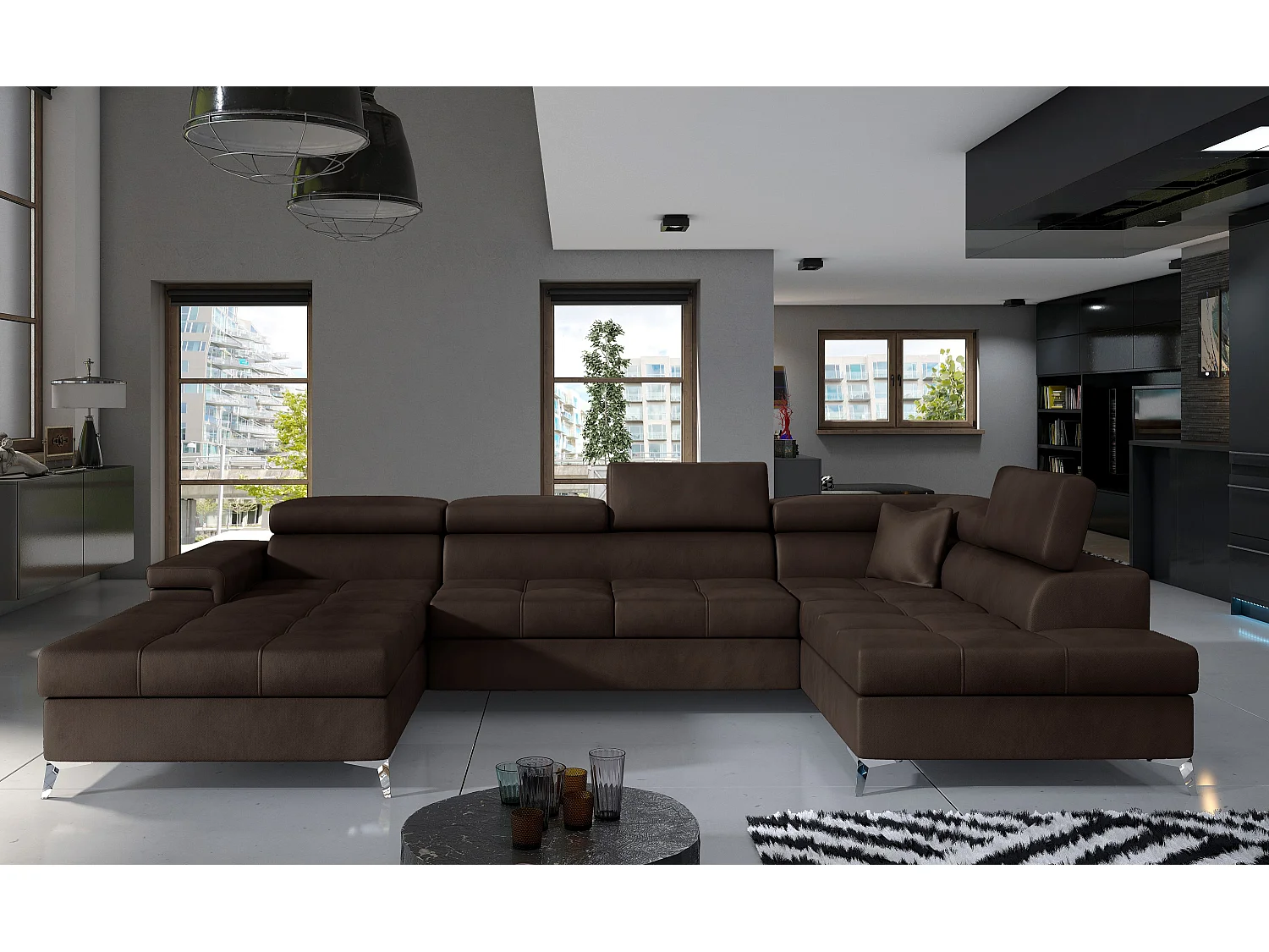 Bruin fluwelen panoramische bankopbergbox rechts Kutty 345 cm