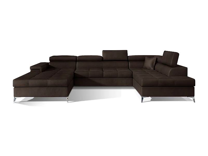 Canapé panoramique convertible KUTTY velours - Rangement et têtières réglables-Marron-Coffre à droite