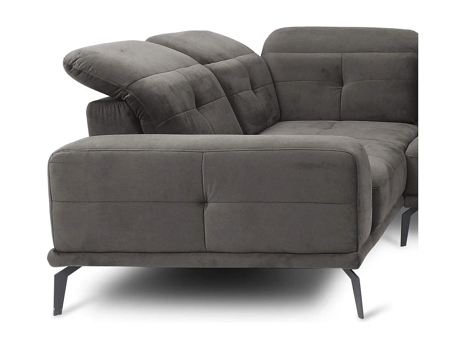 Canapé panoramique design velours marron meuse têtières angle gauche avec accoudoir Stan 350cm