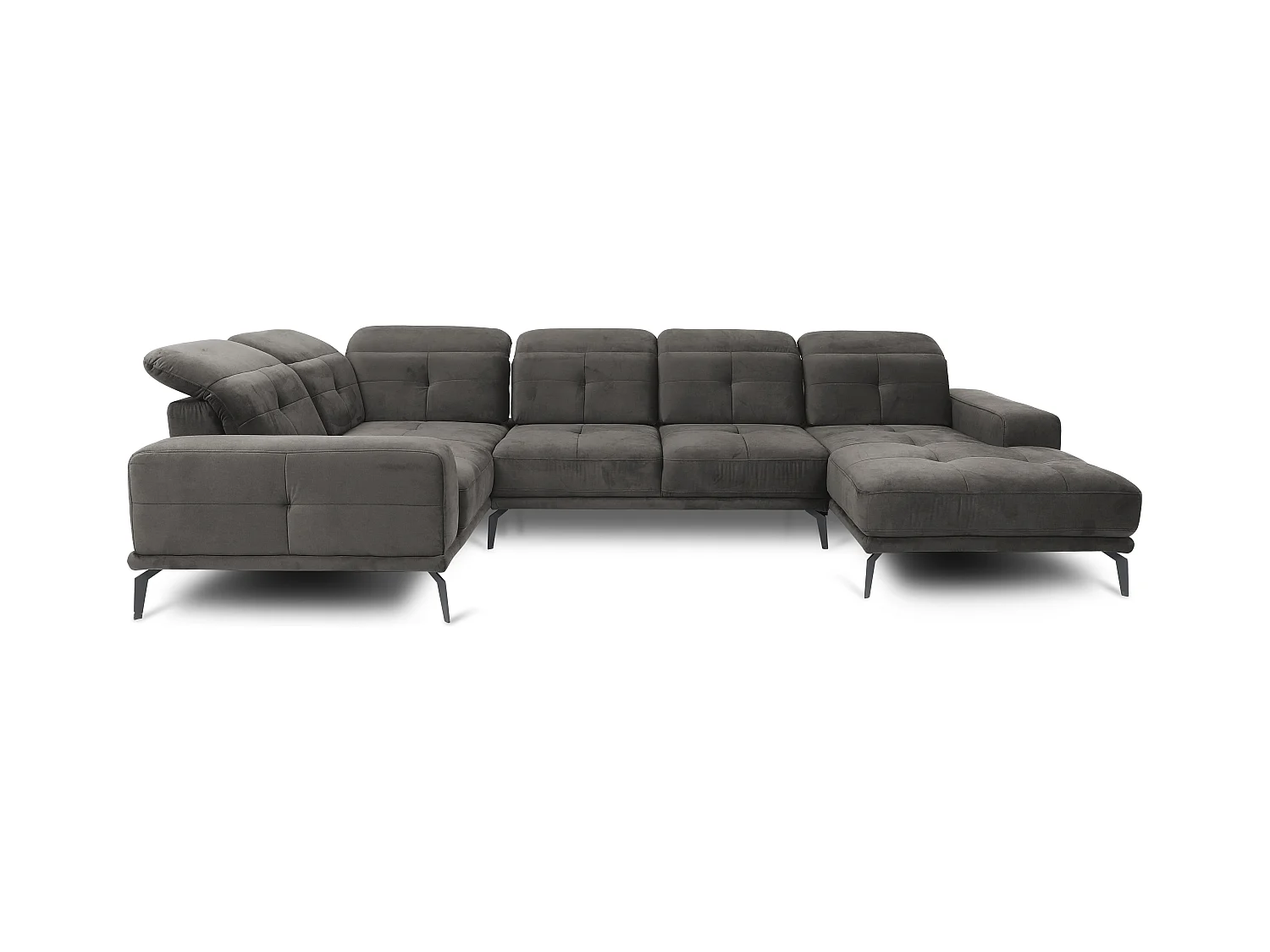 Canapé panoramique design velours marron meuse têtières angle gauche avec accoudoir Stan 350cm