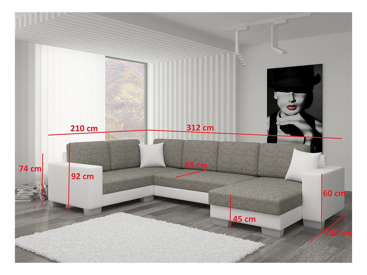 Witte kunstleren converteerbare U-bankopbergbox rechts Marry 321 cm