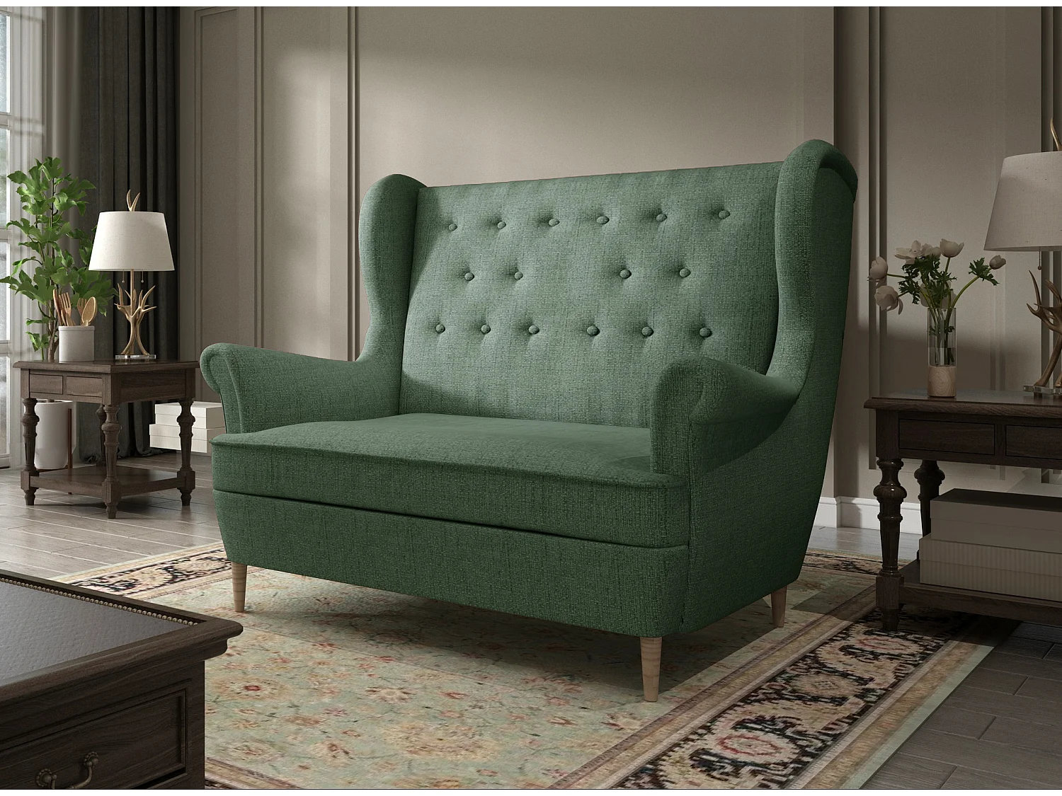 Lizzi 2-zits lichtgroene stoffen gecapitonneerde bank 150 cm