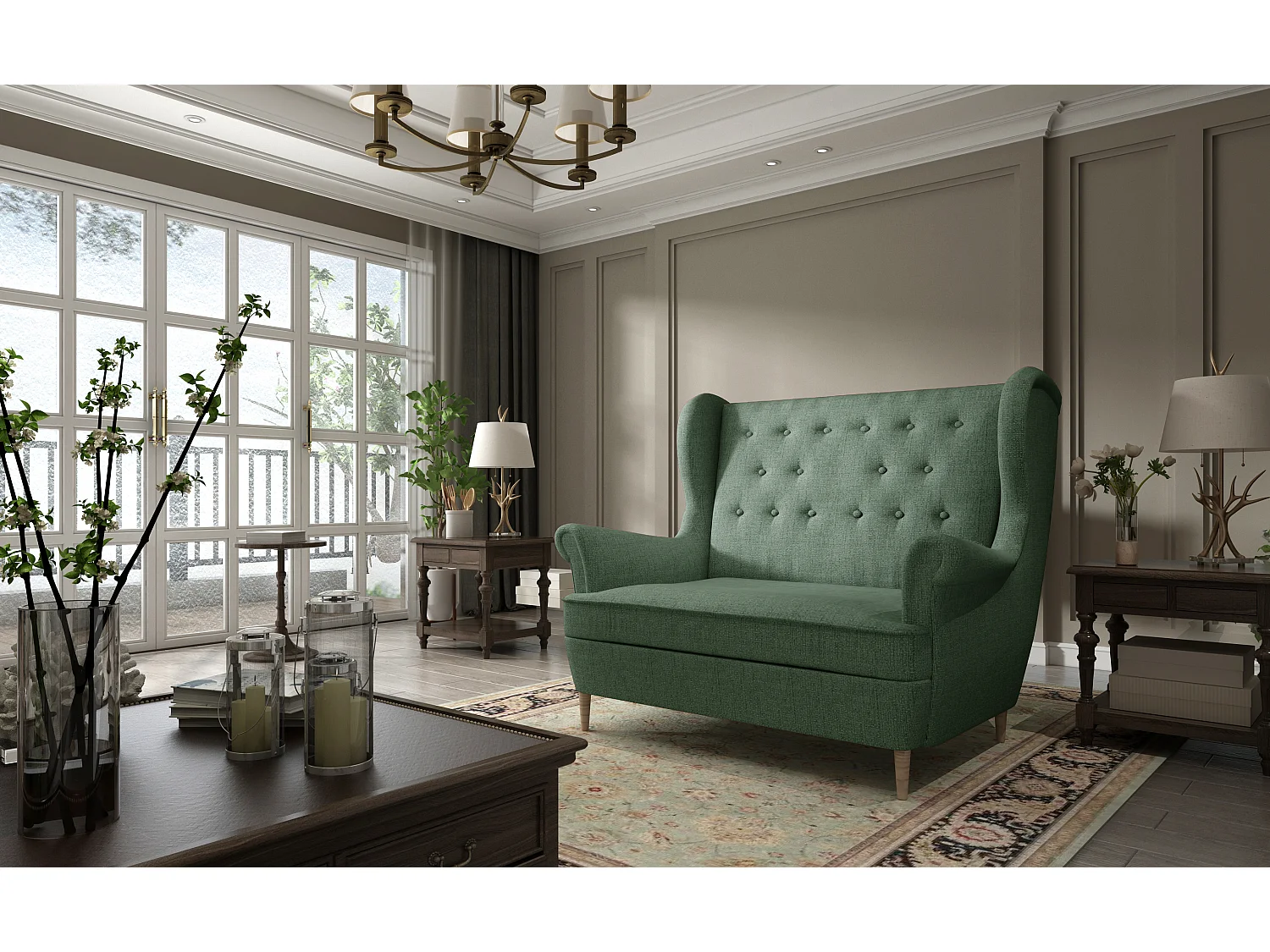 Lizzi 2-zits lichtgroene stoffen gecapitonneerde bank 150 cm