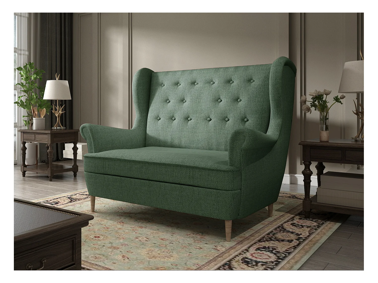 Canapé 2 places tissu vert clair capitonné Lizzi 150cm