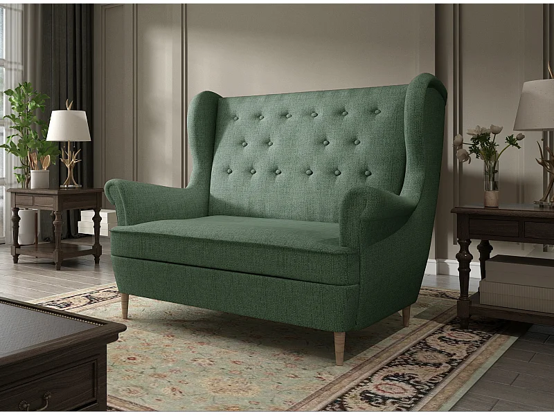 Canapé 2 places tissu vert clair capitonné Lizzi 150cm