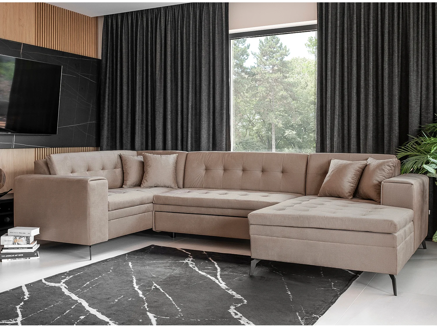 Panoramische converteerbare rechte bank in zacht glanzende beige gewatteerde stof Bonty 340 cm