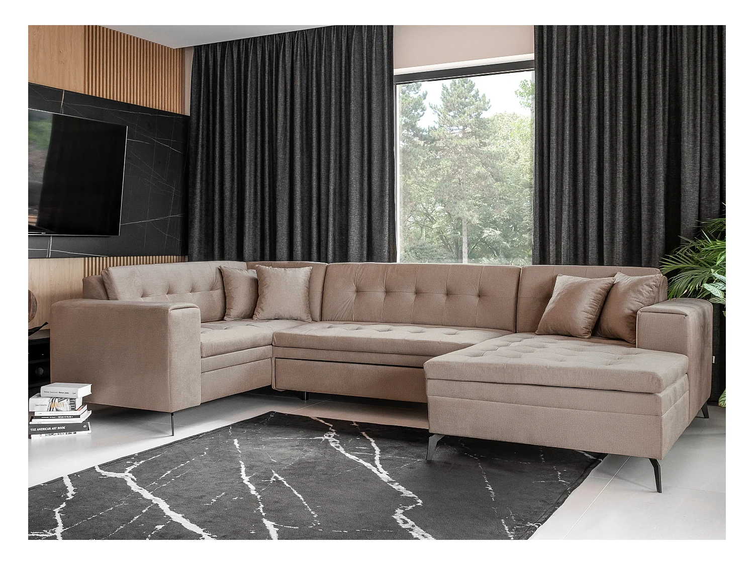 Canapé panoramique convertible droit tissu doux brillant beige matelassé Bonty 340cm