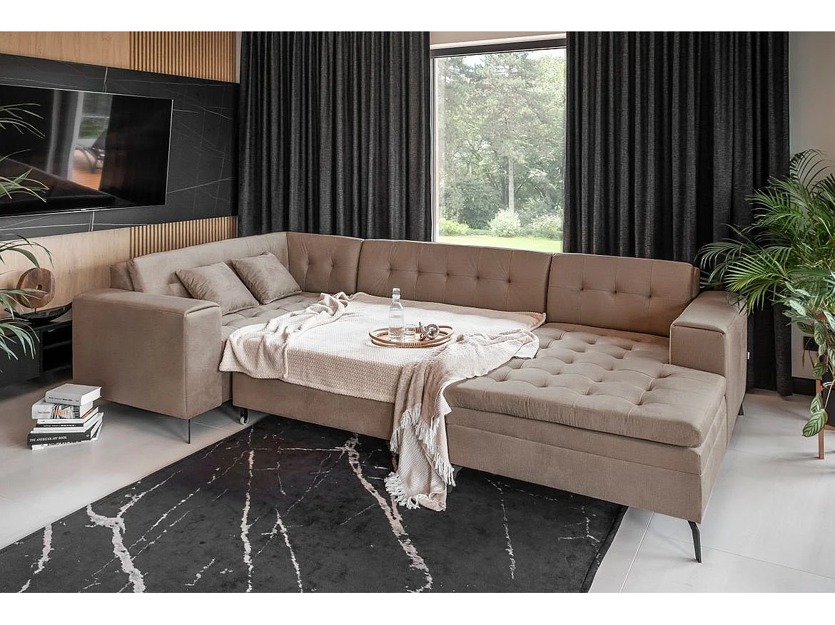 Canapé d'angle panoramique convertible 5 places en tissu matelasse beige