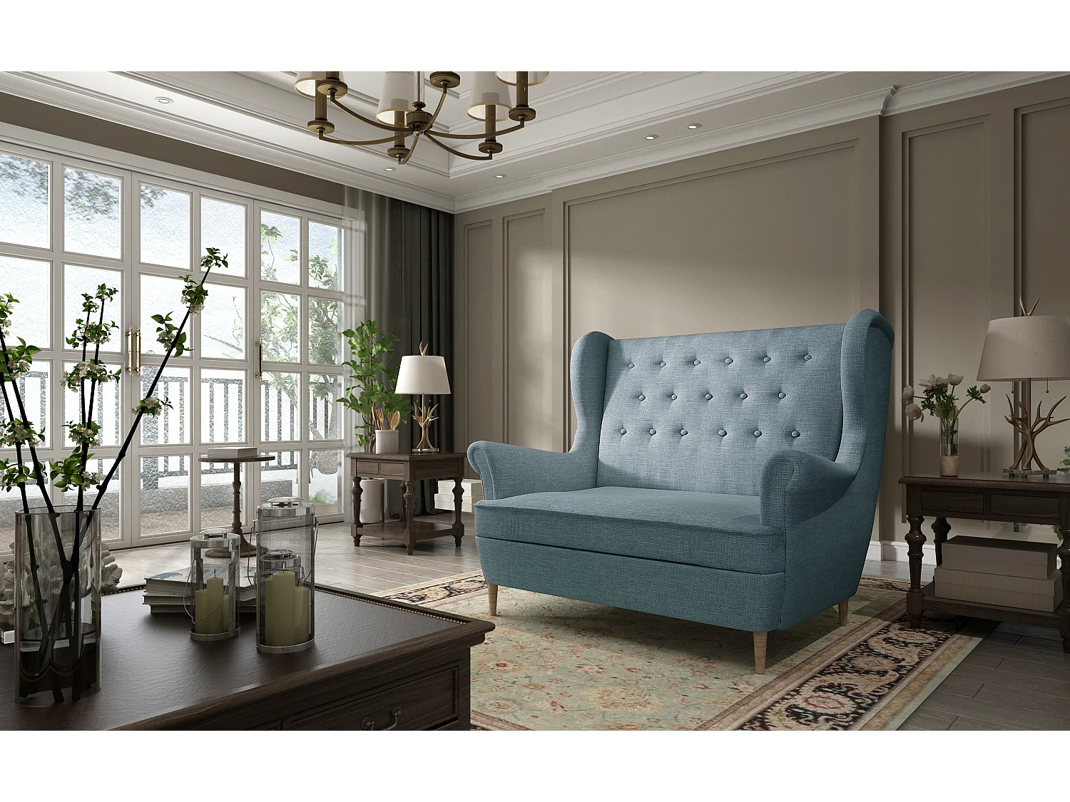 Canapé 2 places tissu bleu clair capitonné Lizzi 150cm