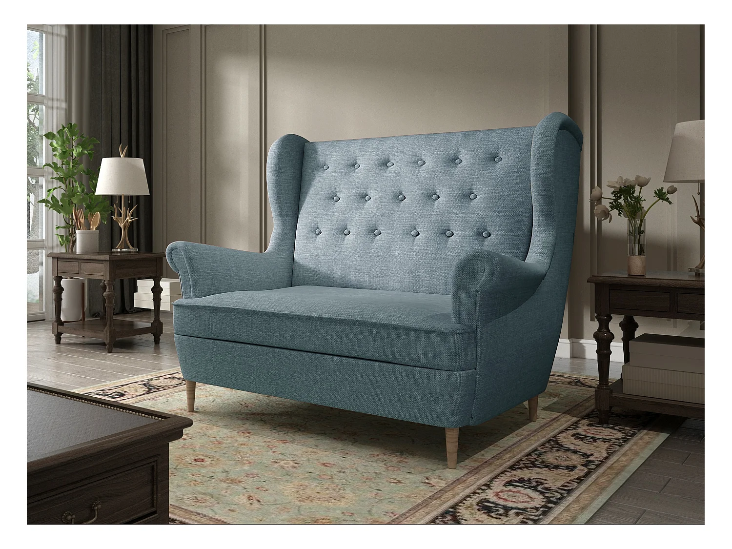 Canapé 2 places tissu bleu clair capitonné Lizzi 150cm