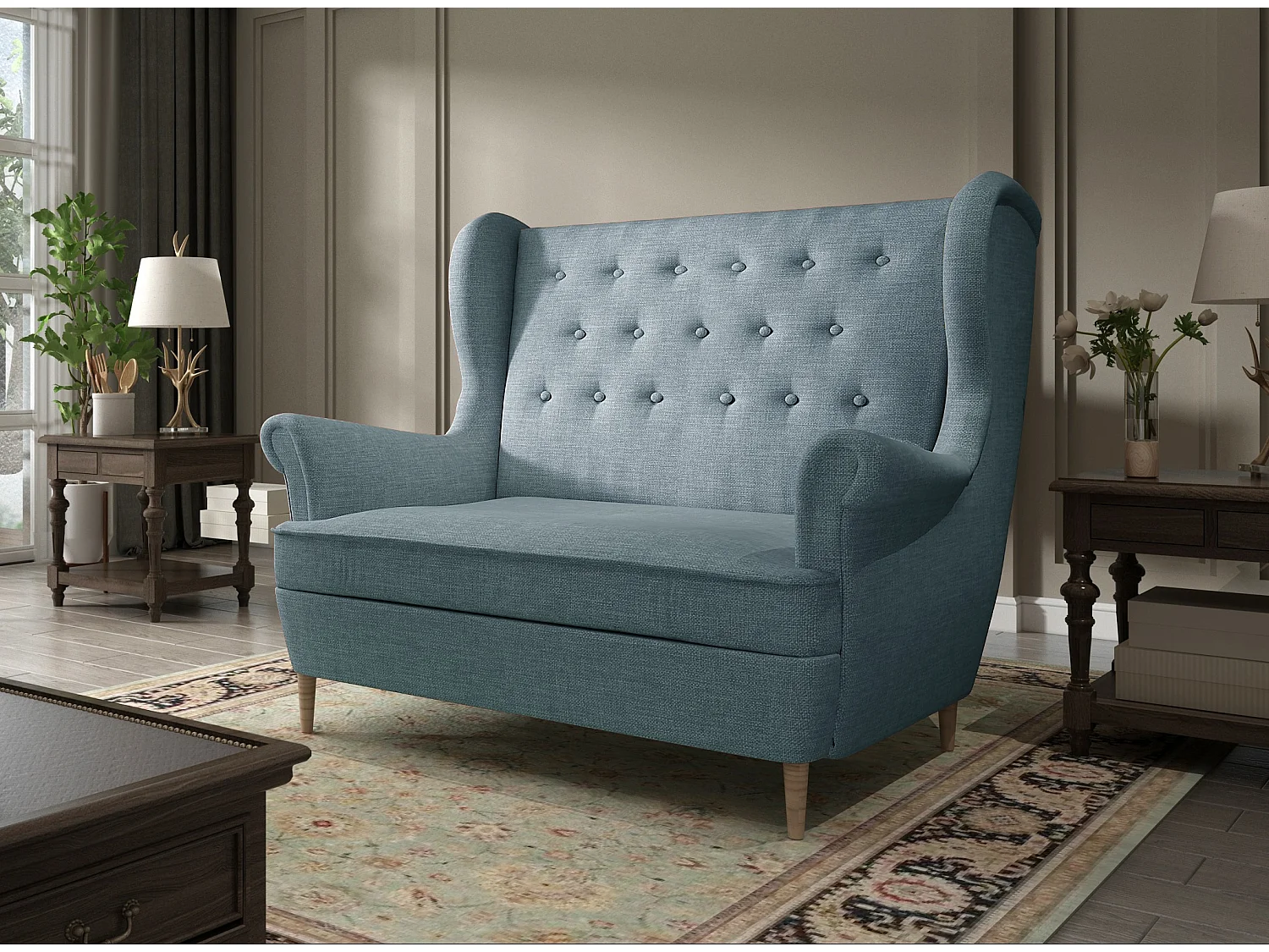 Canapé 2 places tissu bleu clair capitonné Lizzi 150cm